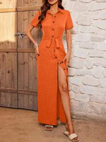 SHEIN LUNE Solid Color Turn-Down Collar Belted Short Sleeve Dress For Casual Summer Wear - Orange - View 8