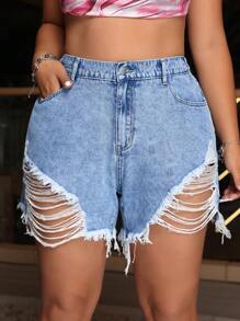 SHEIN EZwear Plus Size Women Fashionable Distressed Frayed Denim Shorts - Light Wash - View 2