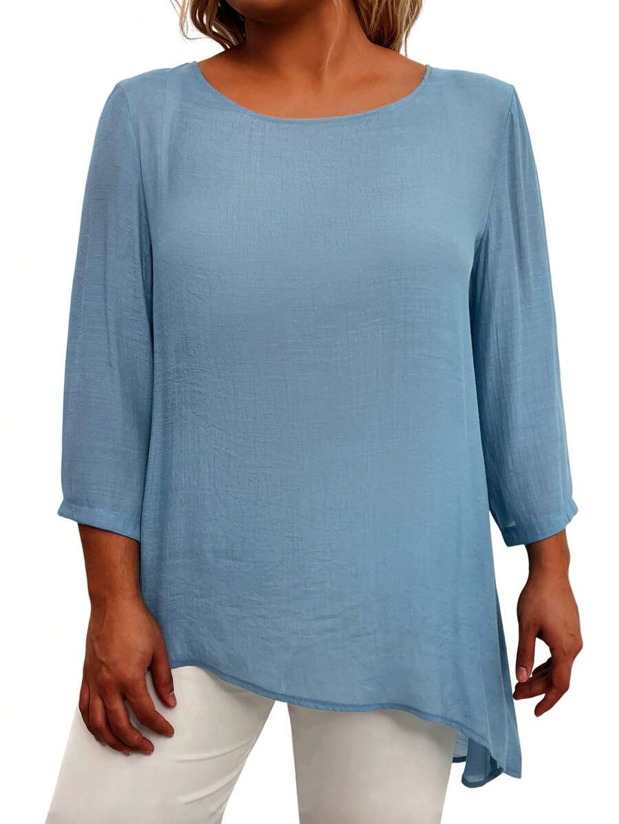 SHEIN LUNE Plus Size Women Solid Color Simple Style Daily Wear Shirt - Blue - View 1