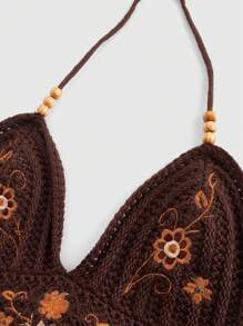 ROMWE Hippie 嬉皮花紋刺繡後背帶串珠項鍊鉤編上衣，適用於夏季 - 棕色 - 查看 4