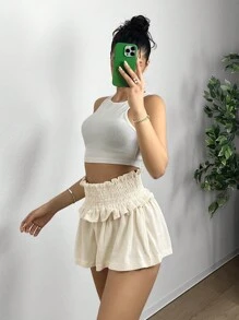 SHEIN EZwear Ladies' Solid Color Simple Casual Shorts With Ruffle Hem Detailing, Perfect For Everyday Wear - Apricot - View 3