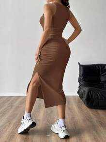 SHEIN EZwear 女士夏季兩件套裝：純色無袖圓領上衣＆百褶分裙 - 棕色 - 查看 2