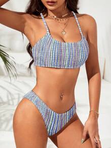 SHEIN Swim Ensemble bikini imprimé de rayures colorées pour femmes, sexy et parfait pour les vacances et la plage d'été
