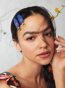 Frida Kahlo X SHEIN 6pcs Flower And Butterfly Print Crease-Free Hair Clips, These Hair Clips Leave No Marks