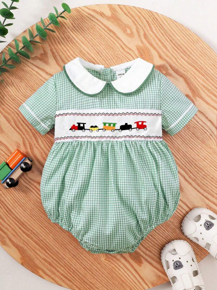 Baby Boy Plaid Splicing Bodysuit With Peter Pan Collar - Green - View 1