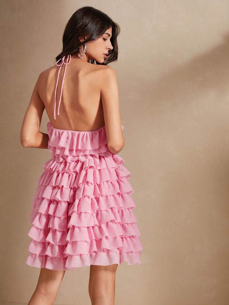 Pink Multi-Layer Mesh Halter Backless Elegant Romantic And Gentle Ladies Dress