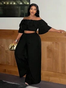 Slaydiva Casual Basic Off-Shoulder Ruffle Wide Leg Jumpsuit Plus Size For Women,Holiday Outfits - Black - View 5
