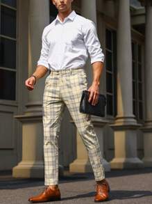 Manfinity Mode 男士格子斜口袋西装裤，男士格子裤，格纹裤，男士长裤 - 卡其色 - 查看 6