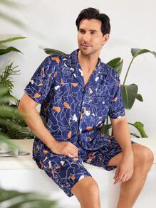 Conjunto de ropa de casa para hombre de manga corta y pantalones cortos con estampado aleatorio