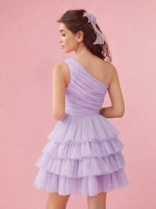 Enchnt SPring/Summer Romantic Summer Sweetheart Oblique Shoulder Ruffle Waist Layered Mesh Dress,Sweet&Elegant For Valentine Day&Holiday &Sweet Date Night&Daily&Vacation&Garden Parties,Lavender Dress - Mauve Purple - View 3