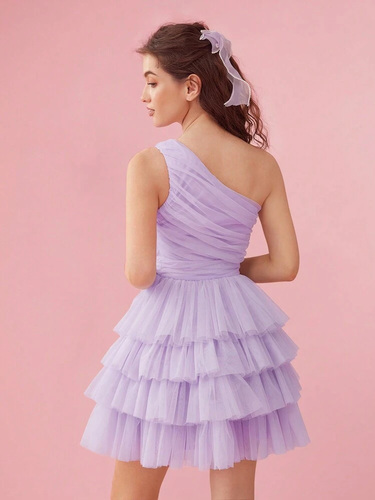Vestido de malla en capas con cintura de volantes y hombro oblicuo para mujer en temporada de verano - Púrpura malva - Añade 2