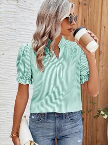 Chiquease Women's Notched Collar Striped Printed Short Sleeve Shirt For Summer