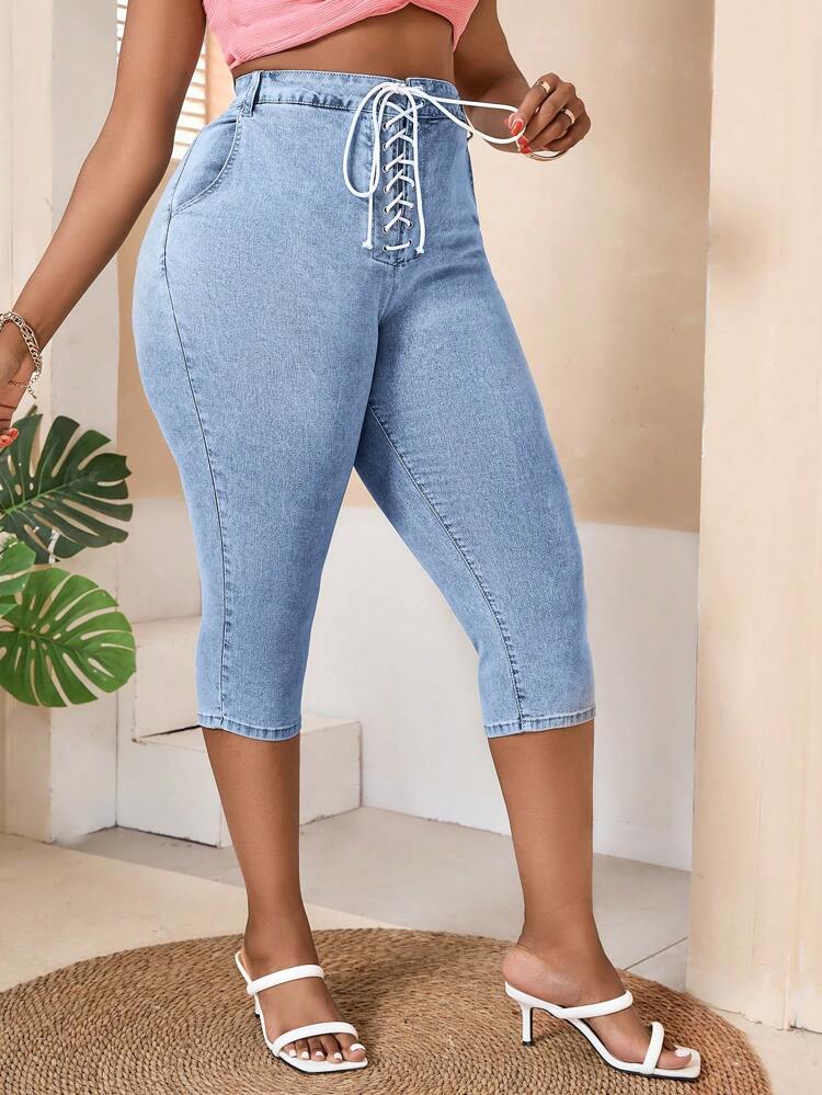 Plus Size Women Sexy Tight-Fitting 3/4 Jeans With Elastic Band And Tie-Dye Blue