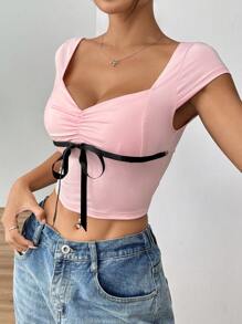 SHEIN EZwear Camiseta de manga corta de verano para mujer con escote en forma de corazón, decoración de lazo y pliegues