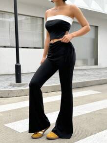 SHEIN Unity Women's Simple And Casual Flared Pants With Side Drawstring. Comfortable And Easy To Style. - Black - View 6