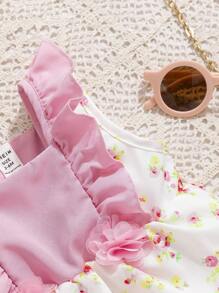 Baby Girl Fashionable Sweet Sleeveless Peter Pan Collar Top With Floral Patchwork And Ruffle Trim, Paired With Loose Shorts - 2pcs/Set Summer Outfits