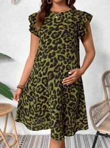 SHEIN Maternity Fashion Leopard Print Flutter Sleeve Dress - Green - View 3