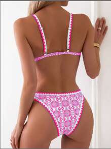 SHEIN Swim 女士夏季海灘花卉印花性感比基尼套裝，適用於度假，花色隨機 - 玫紅色 - 查看 2