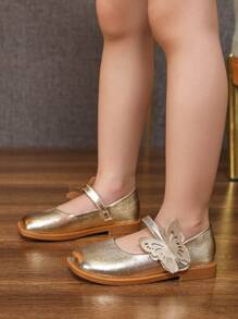幼童女孩金色皮質蝴蝶結平跟鞋，適用於秋季