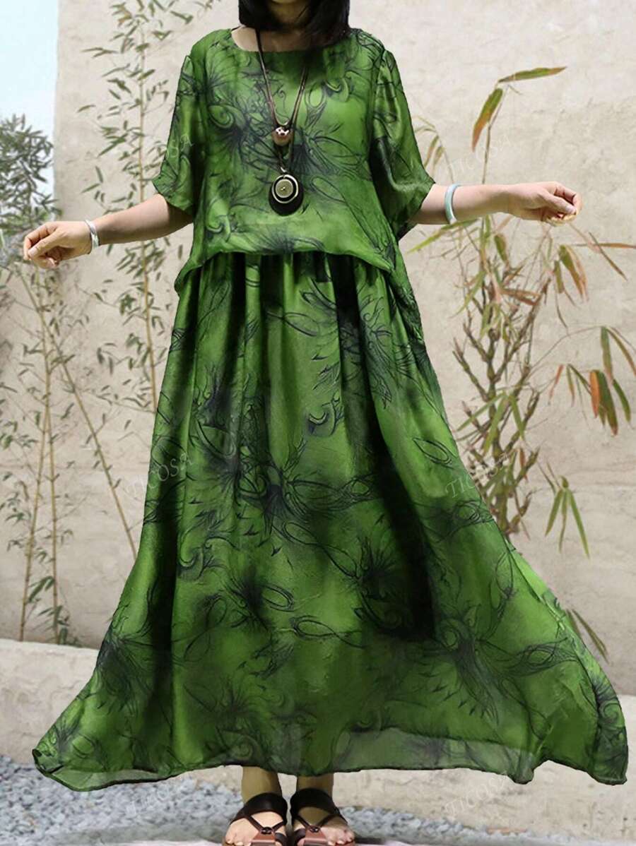 Women's Vintage Loose Short Sleeve Long  Printed Chiffon Dress