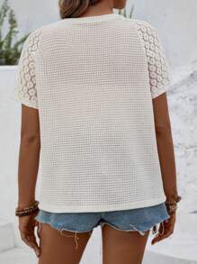 SHEIN Franclia Plus Size Women's Solid Color Knitted Patchwork Hollow Out Lace Decorated Buckle Insert Short Sleeve T-Shirt For Summer