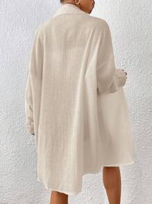 SHEIN EZwear 純色寬鬆機械風款扣前長袖夏季襯衫 - 米色 - 查看 2