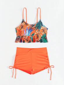 Swim Vcay Women's Vacation Style Printed Ruffle Hem Cami Top And Side Drawstring Swim Bottom Tankini Set,Summer Beach - Orange - View 5