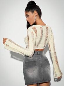 SHEIN BAE Shape Cream Ladder Detail Knit Flare Sleeve Crop Sweater