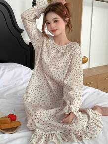 DAZY Women's Cherry Print Round Neck Sleep Dress With Ruffle Hem - Apricot - View 4