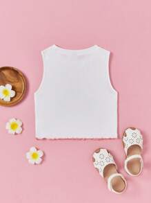 THE POWERPUFF GIRLS X SHEIN 適合青少年女孩夏季穿著的休閒卡通印花萵苣邊緣背心 - 白色 - 查看 2