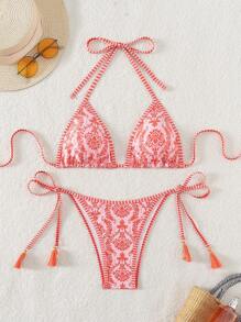 Swim Vcay Bộ đồ bơi bikini cổ yếm in hình bãi biển mùa hè dành cho nữ - Hồng - Xem 5