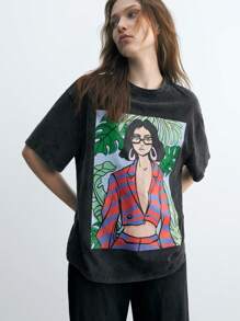 Maija Camiseta casual de cuello redondo de manga corta con gráfico de planta tropical y retrato para mujeres, conjunto de regreso a la escuela, verano