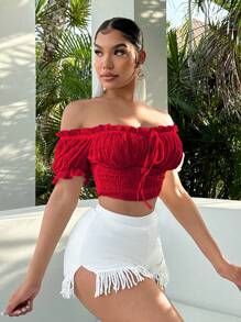 SHEIN SXY Holiday Summer Seaside Resort  One-Shoulder Women's T-Shirt With Puff Sleeves And Ruffles Tied In The Front