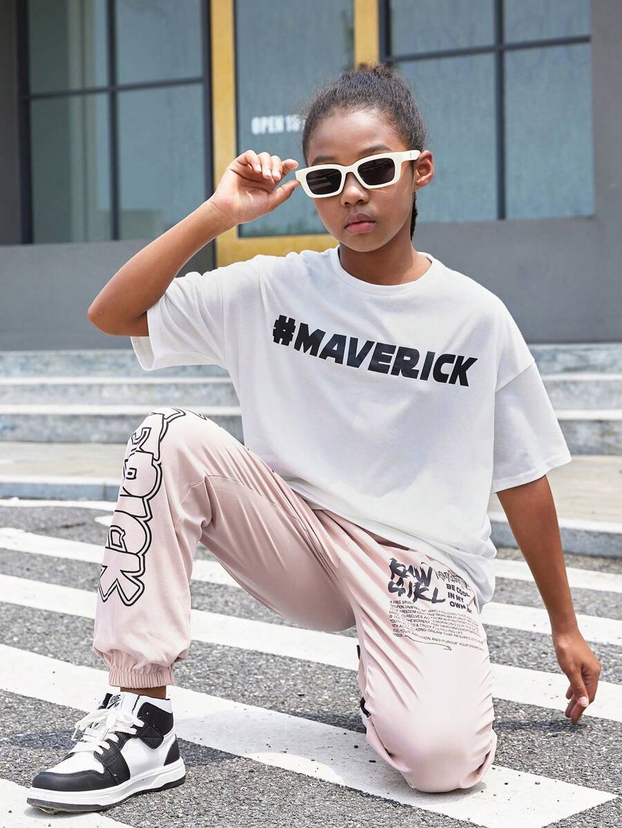 SHEIN Tween Girl Loose Round Neck Short Sleeve Letter T-Shirt And Drawstring Long Pants Casual 2pcs Outfit