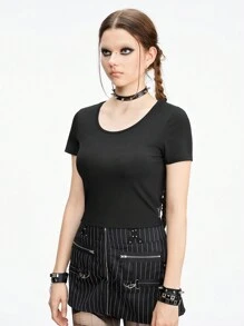 ROMWE Grunge Punk 休閒黑/粉對比色翼設計復古風格鑲鑽葡萄藤植物葉紋修身女t恤 - 黑色 - 查看 3