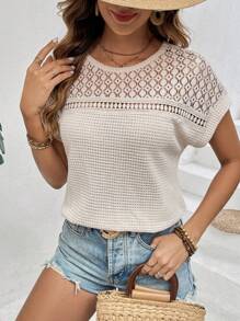SHEIN Frenchy T-shirt d'été pour femmes à épaules dénudées et à manches courtes en dentelle à patchwork avec col rond - Nude - Voir 6
