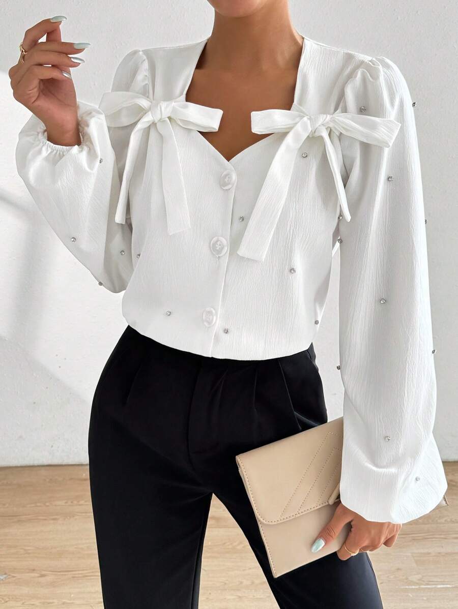 Chiquease Top con moño de cinta y burbujas de pedrería blancas - Blanco - Ver 1