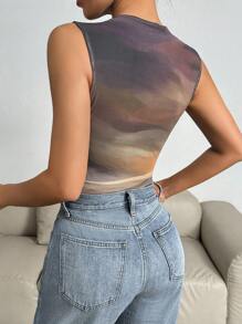 SHEIN Essnce 女式夏季水洗染打褶領無袖連體衣，帶細肩帶休閒裝 - 棕色 - 查看 3