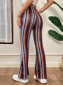 SHEIN Essnce Women's Bohemian Trousers, Comfortable Stretch Flared Trousers,Summer Bottoms,Striped Trousers,Resort Trousers,Women Pants - Multicolor - View 2