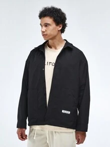 Manfinity Homme Men's Solid Color Patched Long Sleeve Shacket With Front Buttons And Pocket - Black - View 1