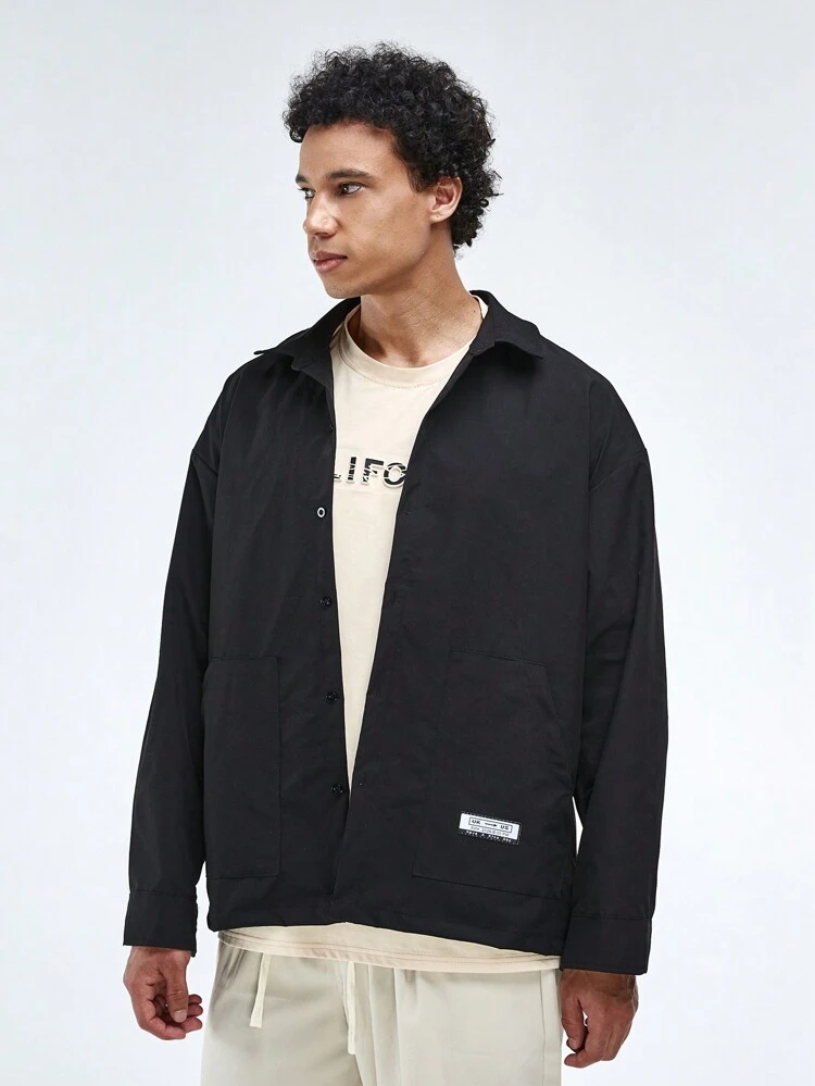 Men's Solid Color Patched Long Sleeve Shacket With Front Buttons And Pocket