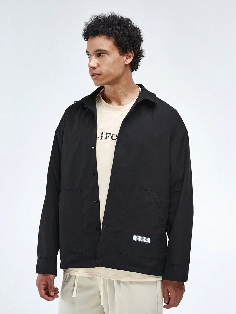 Manfinity Homme Men's Solid Color Patched Long Sleeve Shacket With Front Buttons And Pocket - Black - View 1