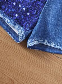 年輕女孩編織無袖背心上衣搭配字母圖案和編織牛仔短褲，鑲有亮片設計套裝，2入組七月四日服裝 - 彩色 - 查看 4