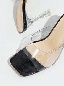 Sandálias Femininas de Salto Fino com Salto Transparente, Preto, Verão - Preto - Ver 4