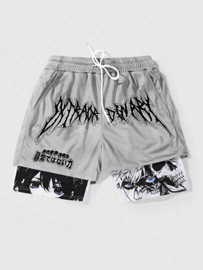 Anime Men Letter Print Drawstring Basketball Mesh Shorts, School