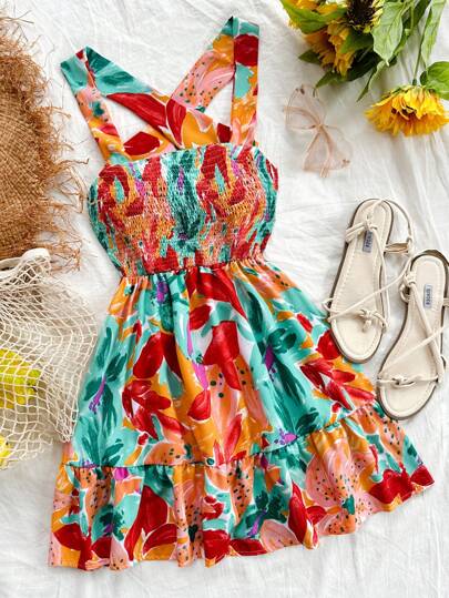 Soleia Women's Holiday Style Printed Spaghetti Strap Dress