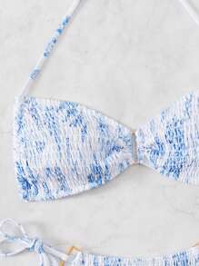 SHEIN Swim Bộ bikini cổ yếm in hoa cho nữ, Bộ bikini đi nghỉ có in hình ngẫu nhiên, Bãi biển mùa hè - Xanh và trắng - Xem 7