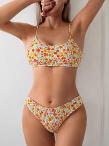 SHEIN Swim Holiday Random Ditsy Floral Print Shirred Bikini Set,Summer Beach - Multicolor - View 2
