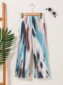 SHEIN Young Girl Warm Vacation Vibes Tie-Dye Print Pleated Pants In Black, Apricot, Green-Blue & Coffee For Summer