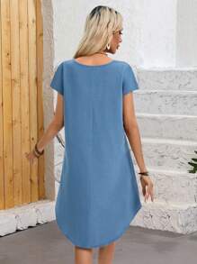EMERY ROSE Vestido de verano para mujer de lino con cuello redondo y unicolor con bolsillos - Azul - Ver 2